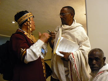 Indigenous activist from Siberia (left) talking to pastoralists from Kenya